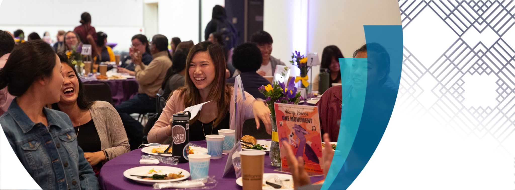 3 of 5, Four students are laughing, sitting at a round banquet table